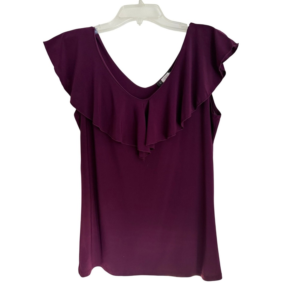Eggplant Purple Blouse Top Medium Ruffle V-Neck Flutter Sleeve Plum Stretch